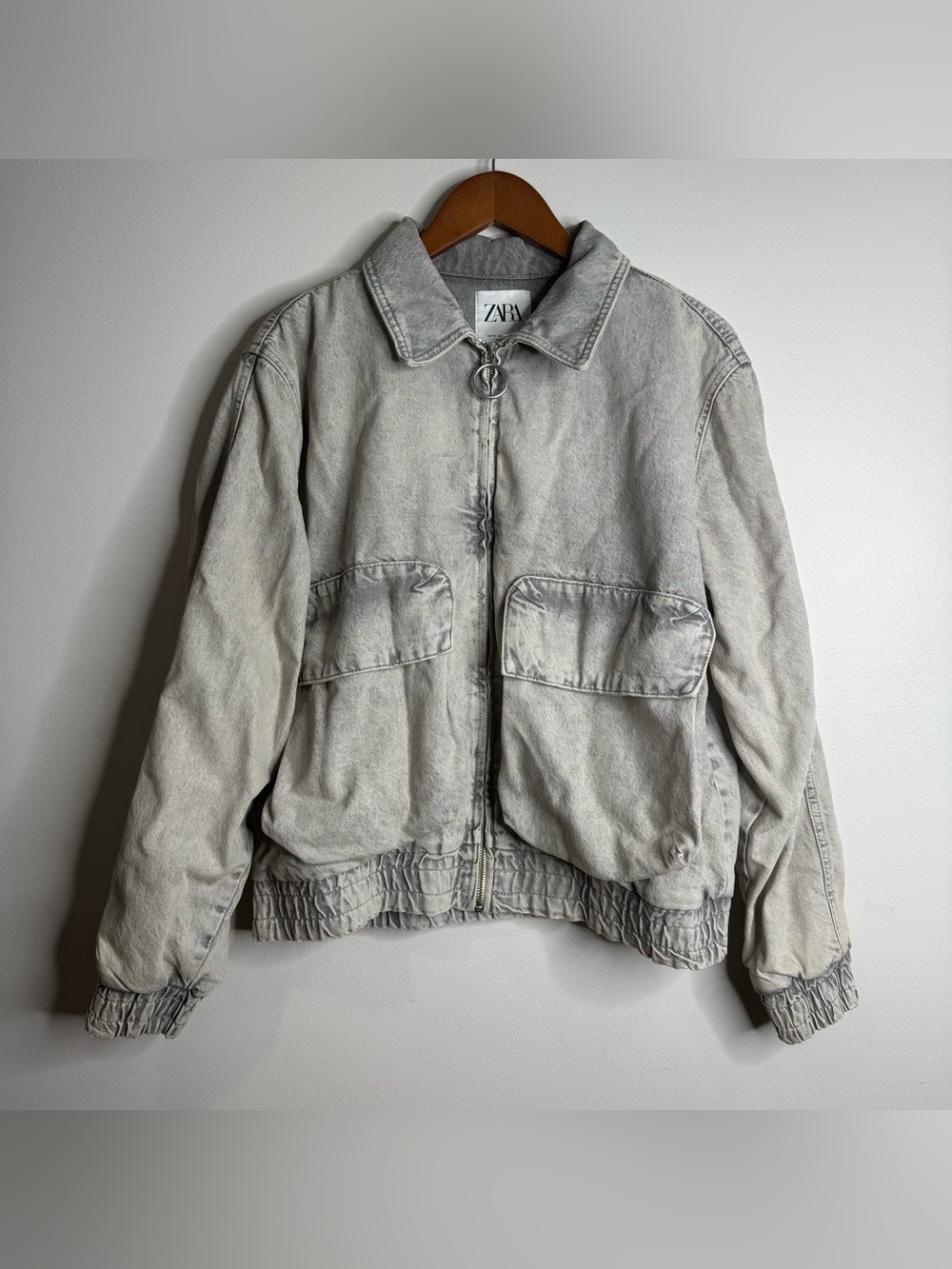 Zara Gray Faded Denim Cotton 80s Style Bomber Jacket Collared Oversized Small